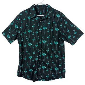 Mens Button Up Flamingo Shirt Black & Teal Short Sleeve Casual Summer Size L